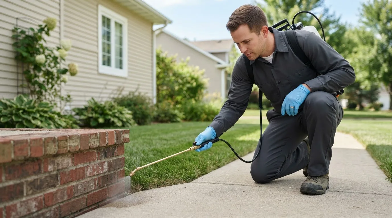 Pest control technician treating a home near Peosta, IA