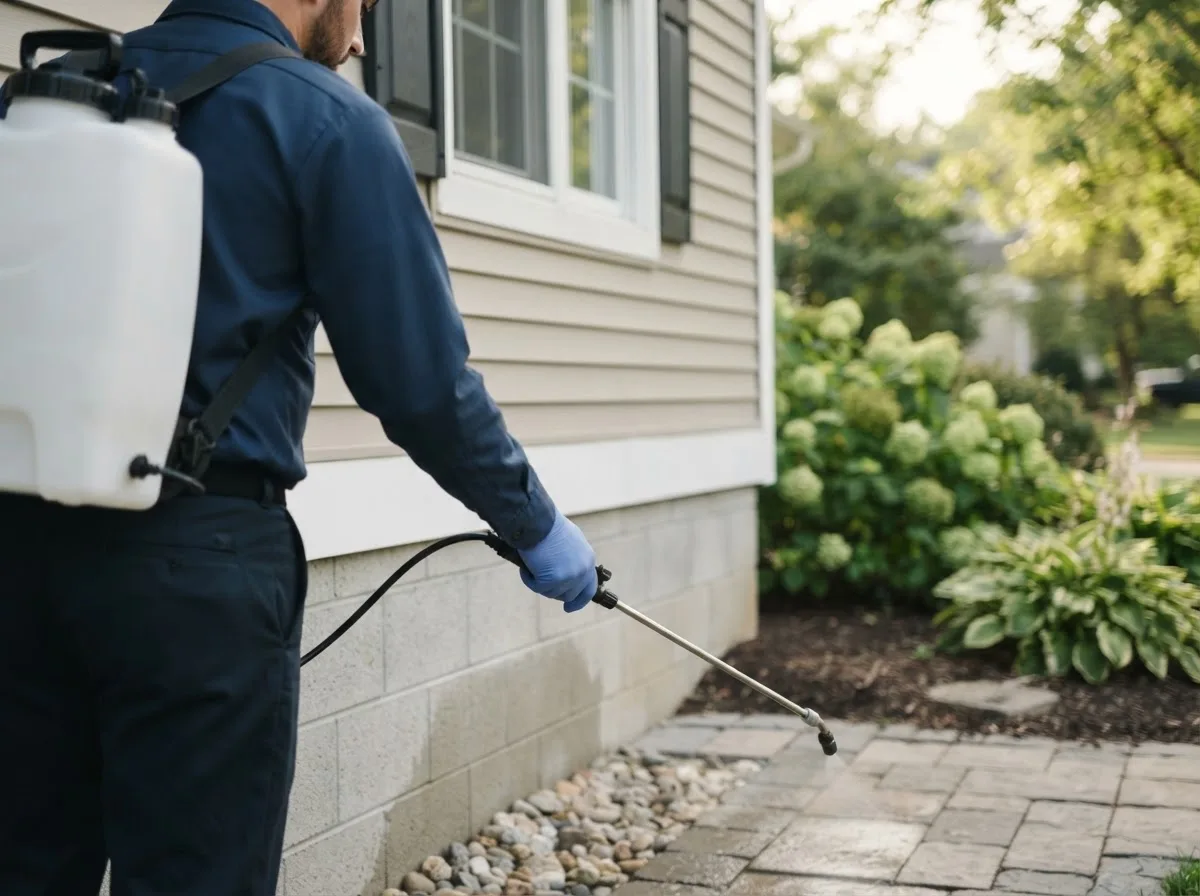 Pest control technician inspecting a home in Peosta, IA